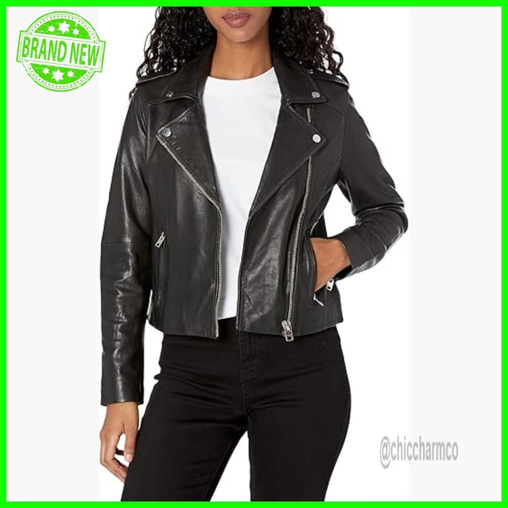 Leather Moto Jacket Slim Fit Long Sleeve Zipper Pockets Classic Biker Style